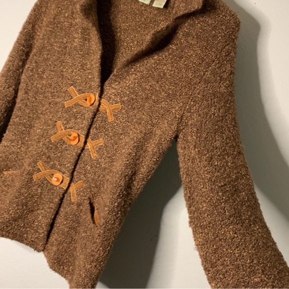 Anthropologie HWR Brown Boucle Knit Gold Velvet Trim Fitted Cardigan Sweater Sm - Picture 2 of 8